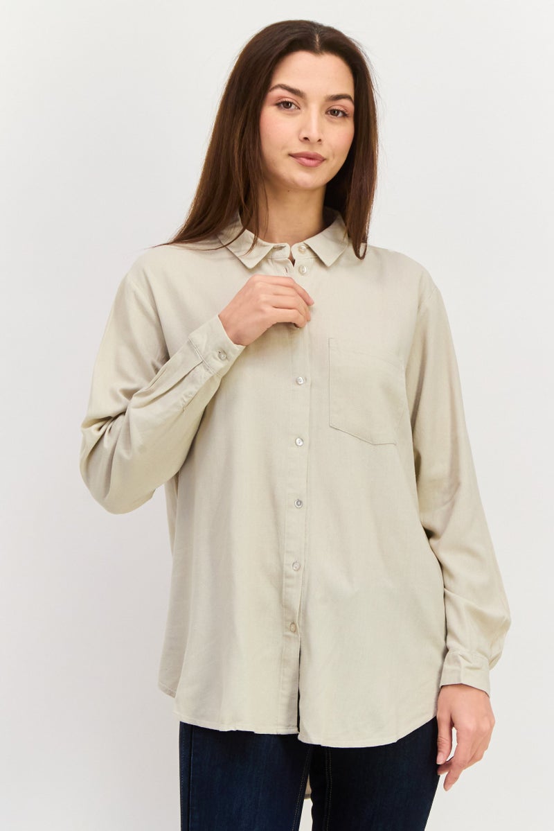 VERO MODA قميص نسائي بأكمام طويلة وياقة مفتوحة، بيج - Image 1