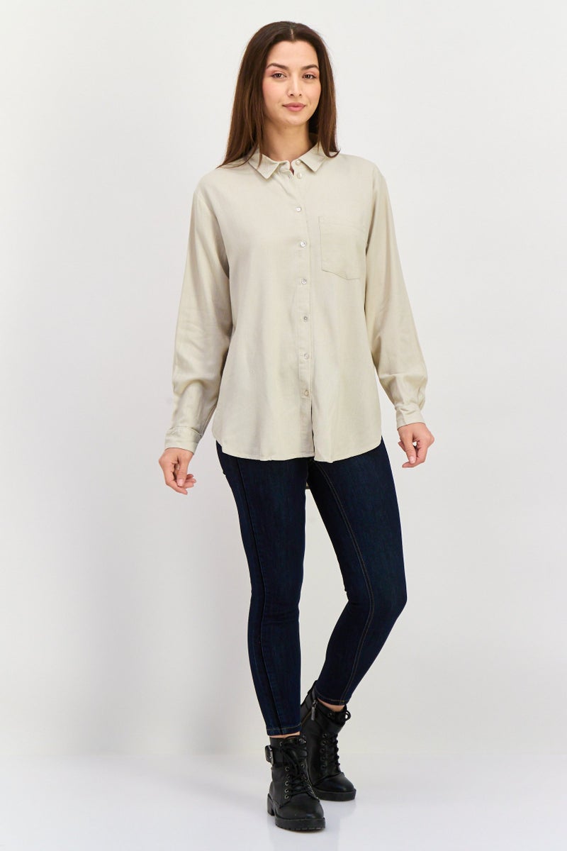 VERO MODA قميص نسائي بأكمام طويلة وياقة مفتوحة، بيج - Image 4