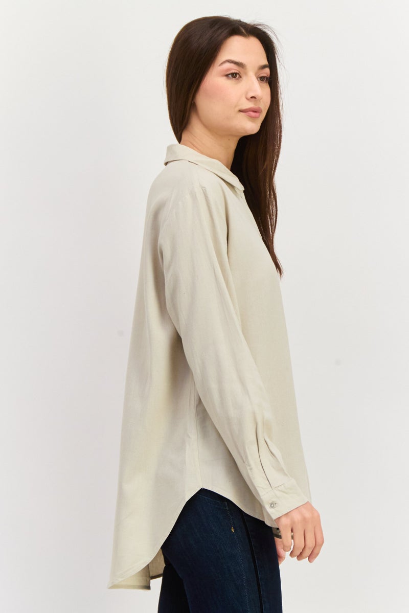 VERO MODA قميص نسائي بأكمام طويلة وياقة مفتوحة، بيج - Image 2