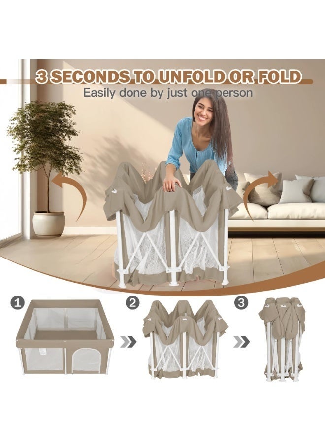 والالا حظيرة لعب قابلة للطي للأطفال، ساحة لعب للأطفال الرضع والأطفال الصغار، سياج أمان محمول للأطفال خفيف الوزن، لا يحتاج إلى تركيب، حظيرة لعب داخلية وخارجية مع حقيبة حمل وسجادة، مع كرات المحيط*20، 127*127*66 سم، بيج - Image 2