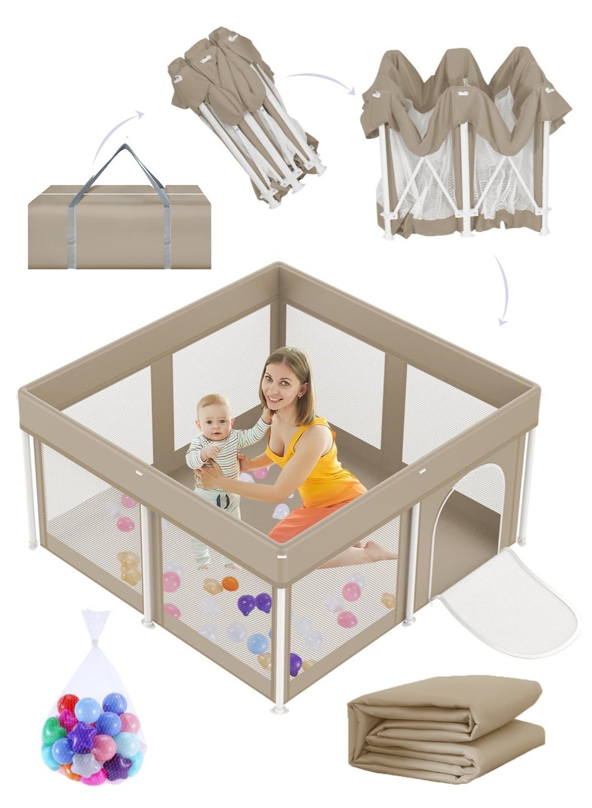 Foldable Baby Playpen, Playard for Babies and Toddlers, Portable Safety Baby Fence Lightweight,No Installation, Indoor & Outdoor Playpen with Carry Bag and Mat, with Ocean Balls*20, 127*127*66cm Beige