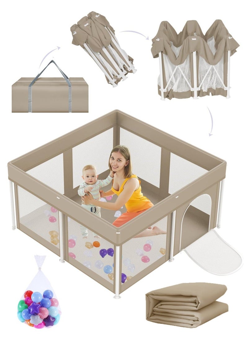 والالا حظيرة لعب قابلة للطي للأطفال، ساحة لعب للأطفال الرضع والأطفال الصغار، سياج أمان محمول للأطفال خفيف الوزن، لا يحتاج إلى تركيب، حظيرة لعب داخلية وخارجية مع حقيبة حمل وسجادة، مع كرات المحيط*20، 127*127*66 سم، بيج - Image 1