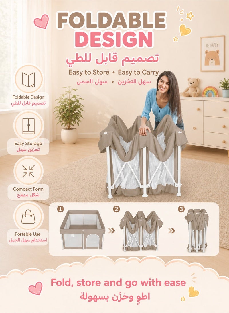 والالا حظيرة لعب قابلة للطي للأطفال، ساحة لعب للأطفال الرضع والأطفال الصغار، سياج أمان محمول للأطفال خفيف الوزن، لا يحتاج إلى تركيب، حظيرة لعب داخلية وخارجية مع حقيبة حمل وسجادة، مع كرات المحيط*20، 127*127*66 سم، بيج - Image 3