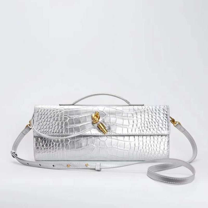 Crocodile Pattern Evening Bag Cowhide Bagel Bag With Oblique Insert Lock Horizontal Kelly Bag Single Shoulder Handbag Women'S Bag - Image 2