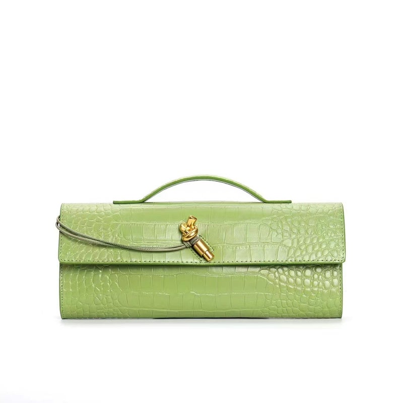 Crocodile Pattern Evening Bag Cowhide Bagel Bag With Oblique Insert Lock Horizontal Kelly Bag Single Shoulder Handbag Women'S Bag - Image 1