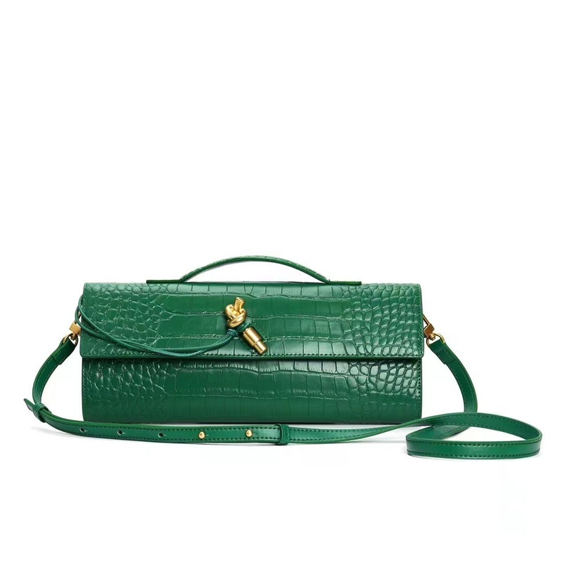 Crocodile Pattern Evening Bag Cowhide Bagel Bag With Oblique Insert Lock Horizontal Kelly Bag Single Shoulder Handbag Women'S Bag - Image 4