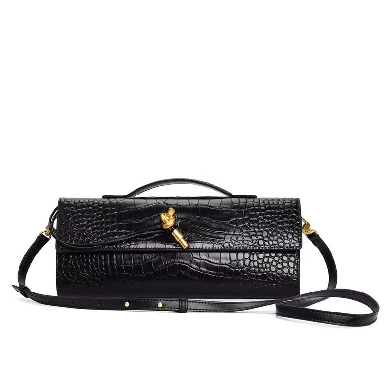 Crocodile Pattern Evening Bag Cowhide Bagel Bag With Oblique Insert Lock Horizontal Kelly Bag Single Shoulder Handbag Women'S Bag - Image 5