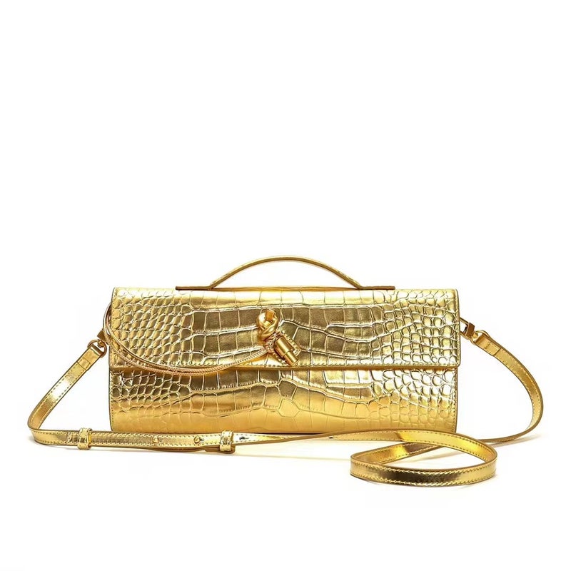 Crocodile Pattern Evening Bag Cowhide Bagel Bag With Oblique Insert Lock Horizontal Kelly Bag Single Shoulder Handbag Women'S Bag - Image 3