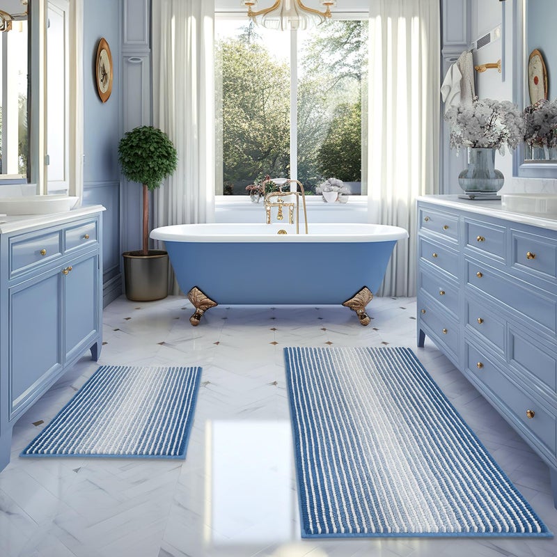 BSICPRO Bathroom Rugs and Mats Sets  2 Piece Thick Absorbent Chenille Bath Mat Rug Set Non Slip  Soft Shaggy Bath Room Floor Mats for Bathroom  Machine Washable (Sky Blue  20"" x 47"" Plus 16"" x 24"") - Image 1
