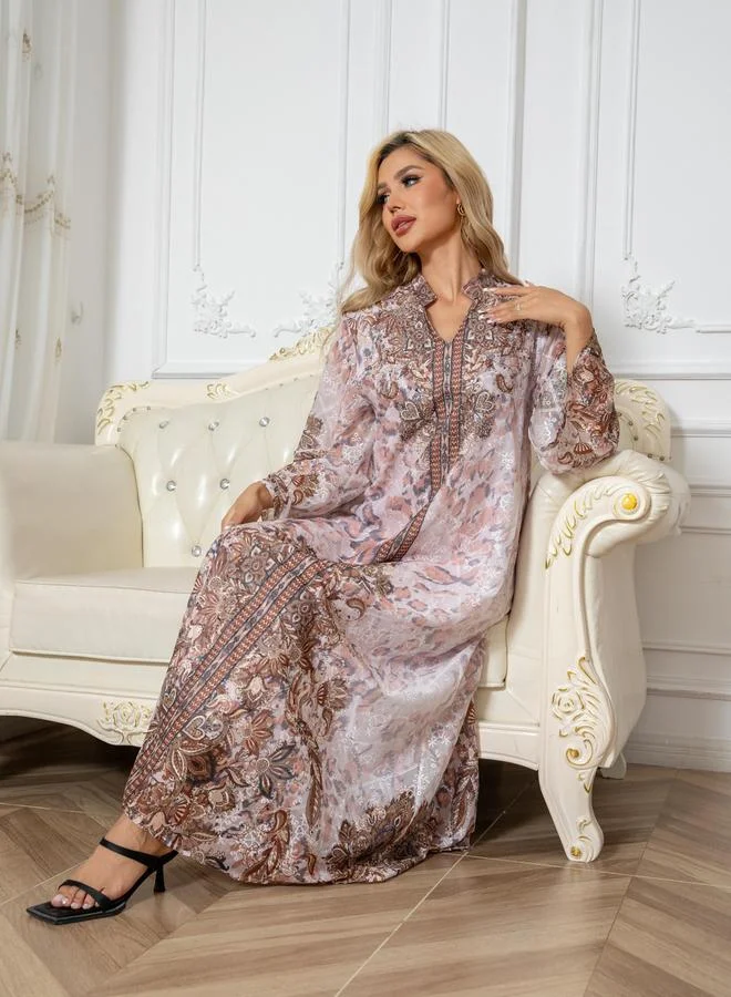 Take Two Take Two Printed Embroidery Detail Long Sleeve Jalabiya