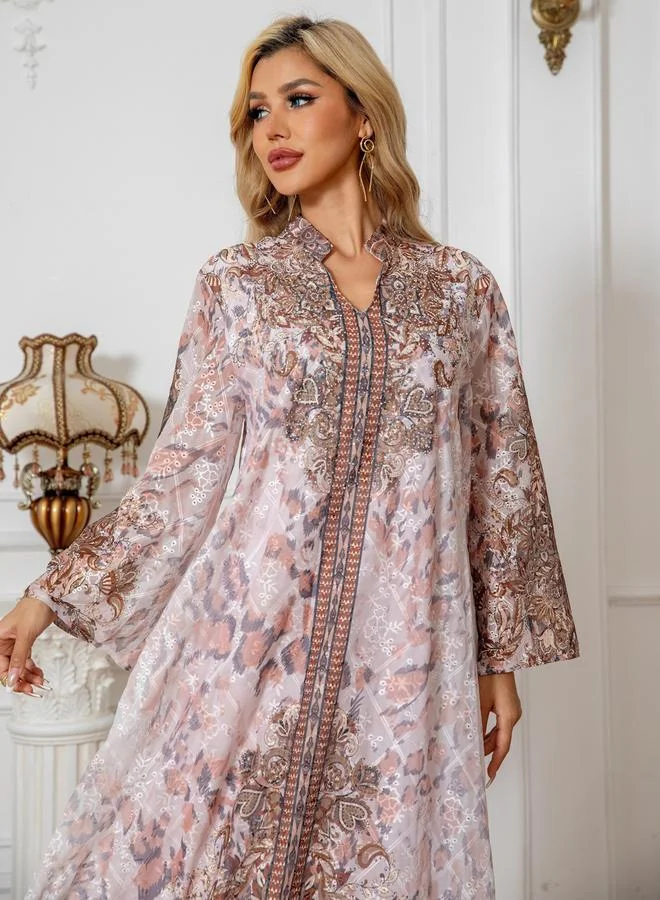 Take Two Take Two Printed Embroidery Detail Long Sleeve Jalabiya