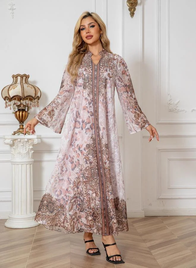 تايك تو جلابية طويلة الأكمام مزينة بتطريز مطبوع