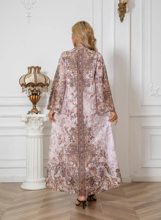 Take Two Take Two Printed Embroidery Detail Long Sleeve Jalabiya