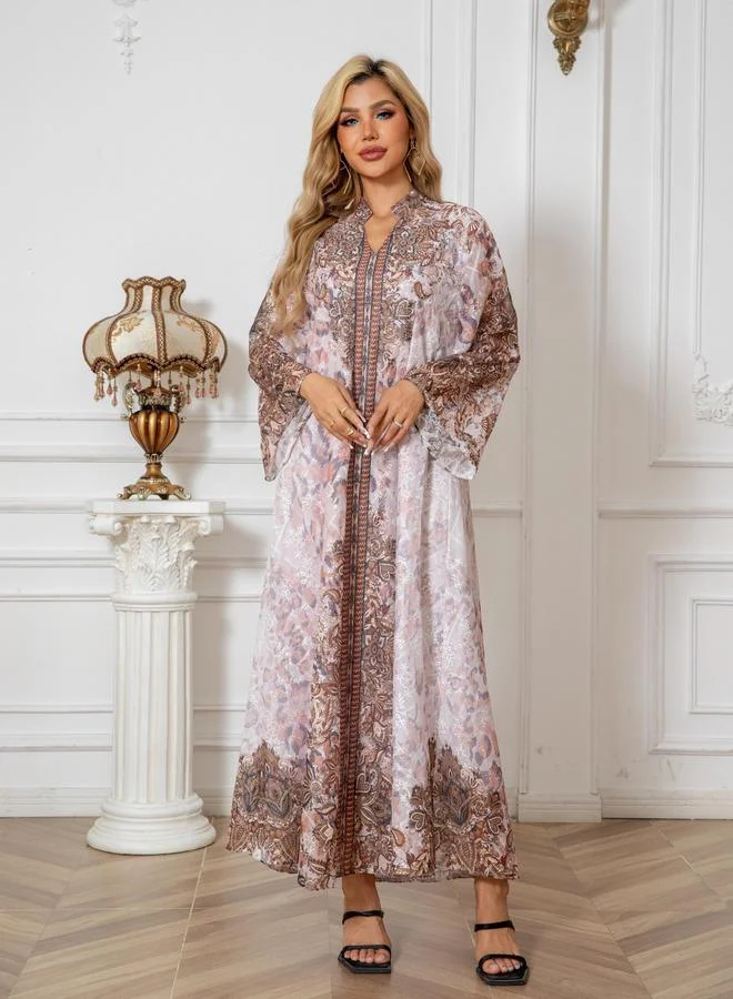 Take Two Take Two Printed Embroidery Detail Long Sleeve Jalabiya
