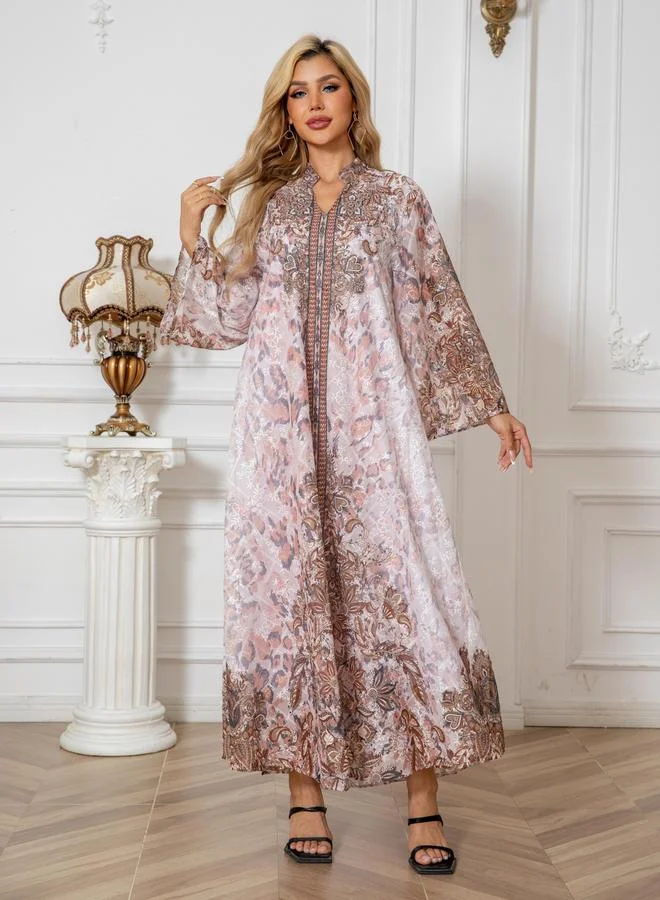 Take Two Take Two Printed Embroidery Detail Long Sleeve Jalabiya