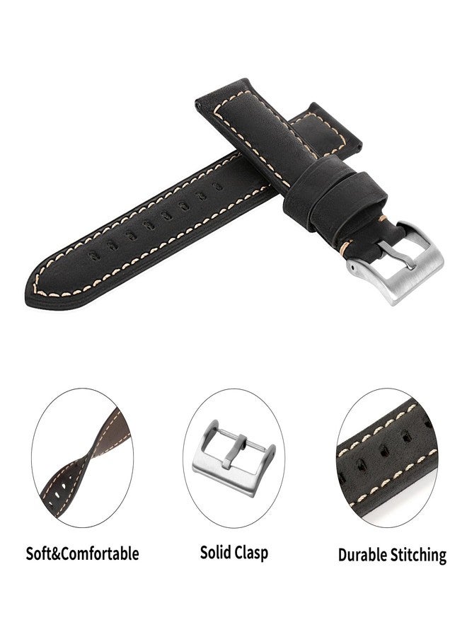 TStrap Leather Watch Straps for Men - Black Vintage Soft Watch Bracelet Thickly - Padded Smart Watch Band with Clasp Buckle Replacement - 20mm 22mm 24mm - Image 3
