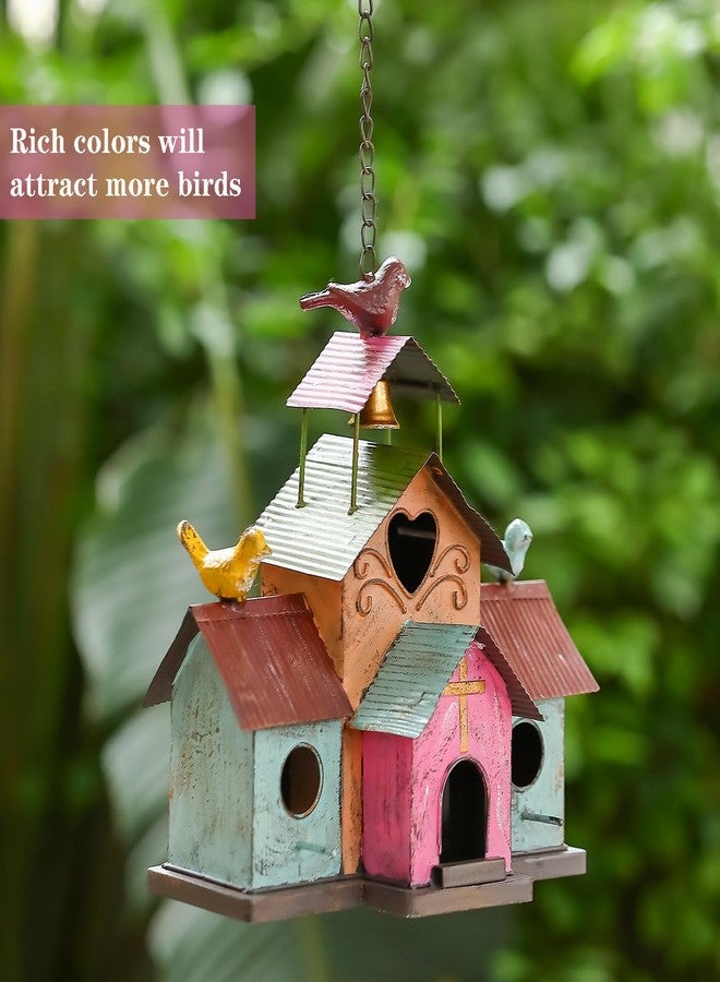 MOCOME Large Bird Houses for Outside Hanging, 4 Hole Outdoor Bird House with Bell, Easy Clear, Colorful Metal Bird Houses for Outside. - Image 5