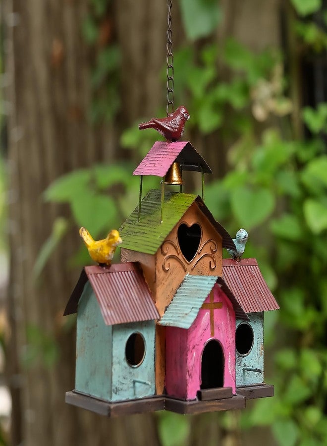 MOCOME Large Bird Houses for Outside Hanging, 4 Hole Outdoor Bird House with Bell, Easy Clear, Colorful Metal Bird Houses for Outside. - Image 2