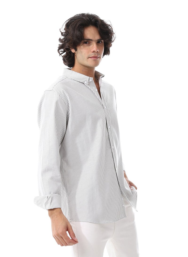 Andora Candy Stripes Pattern Turn Down Collar Oxford Shirt_ White & Olive  - Image 1