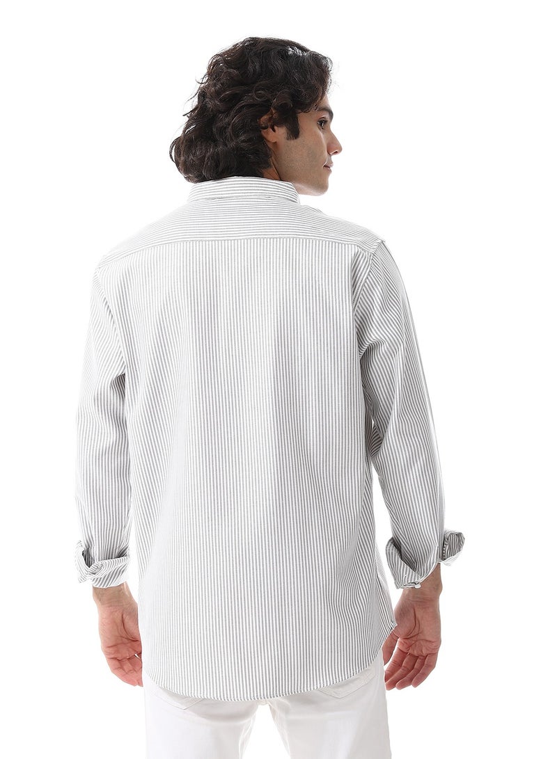 Andora Candy Stripes Pattern Turn Down Collar Oxford Shirt_ White & Olive  - Image 3