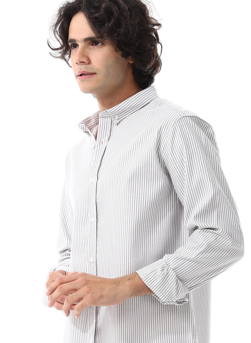 Andora Candy Stripes Pattern Turn Down Collar Oxford Shirt_ White & Olive  - Image 4