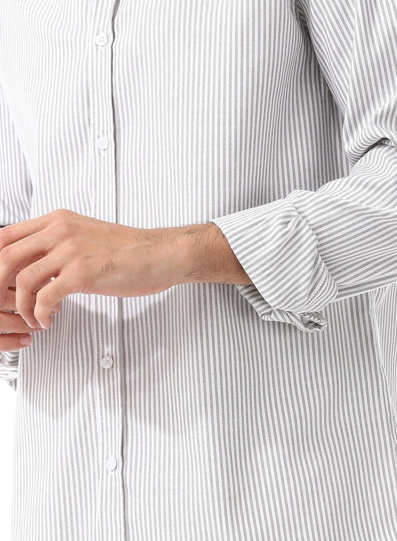 Andora Candy Stripes Pattern Turn Down Collar Oxford Shirt_ White & Olive  - Image 5