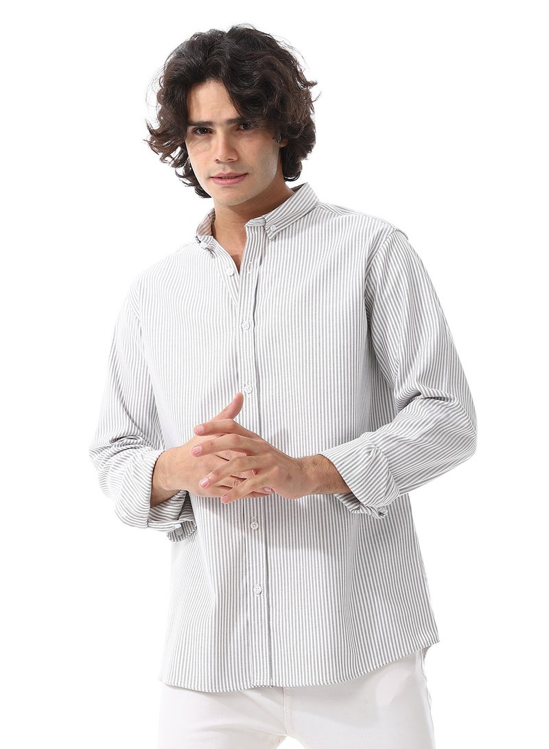 Andora Candy Stripes Pattern Turn Down Collar Oxford Shirt_ White & Olive  - Image 2
