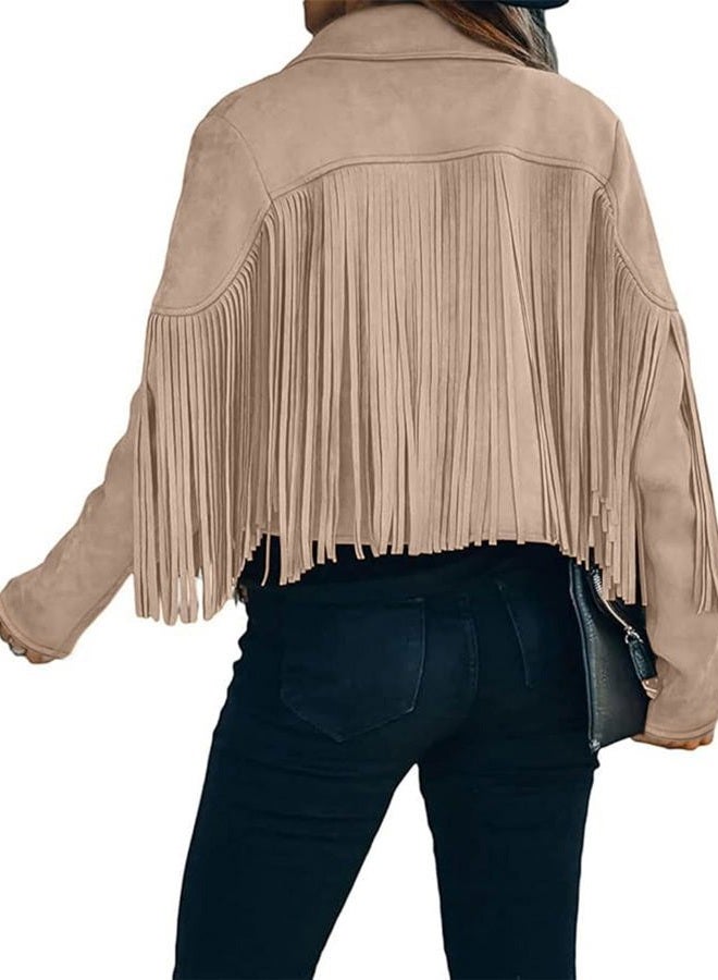 Bibowa Faux Suede Leather Jackets For Women Trendy Fall Western Fringe Cropped Jacket 2025 Tassel Motorcycle Crop Coats, Apricot, XL - Image 2