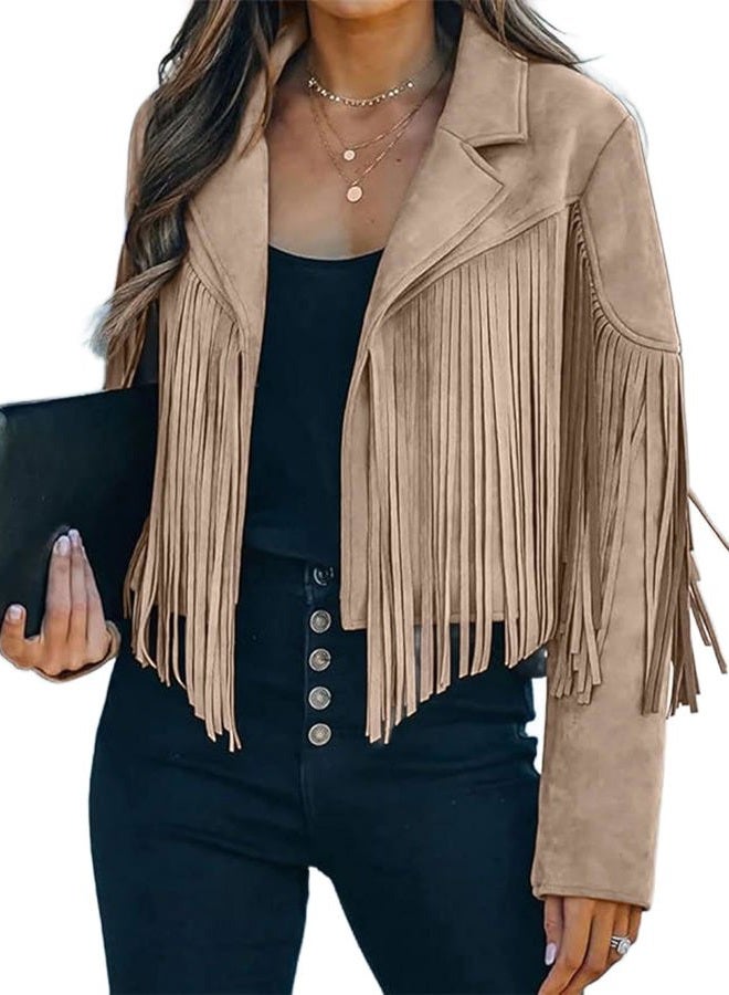 Bibowa Faux Suede Leather Jackets For Women Trendy Fall Western Fringe Cropped Jacket 2025 Tassel Motorcycle Crop Coats, Apricot, XL - Image 1