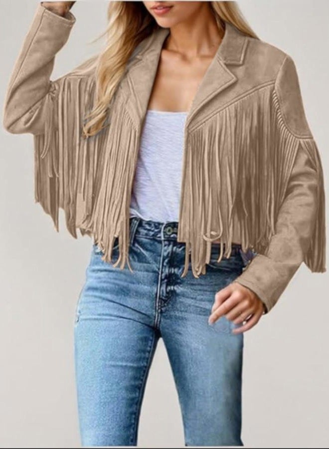 Bibowa Faux Suede Leather Jackets For Women Trendy Fall Western Fringe Cropped Jacket 2025 Tassel Motorcycle Crop Coats, Apricot, XL - Image 3