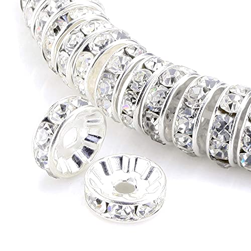 Weebee 100Pcs Rondelle Spacer Beads Crystal Charms Silver Plated Czech Rhinestone Loose Beads for Jewelry Making DIY Bracelets White 12mm