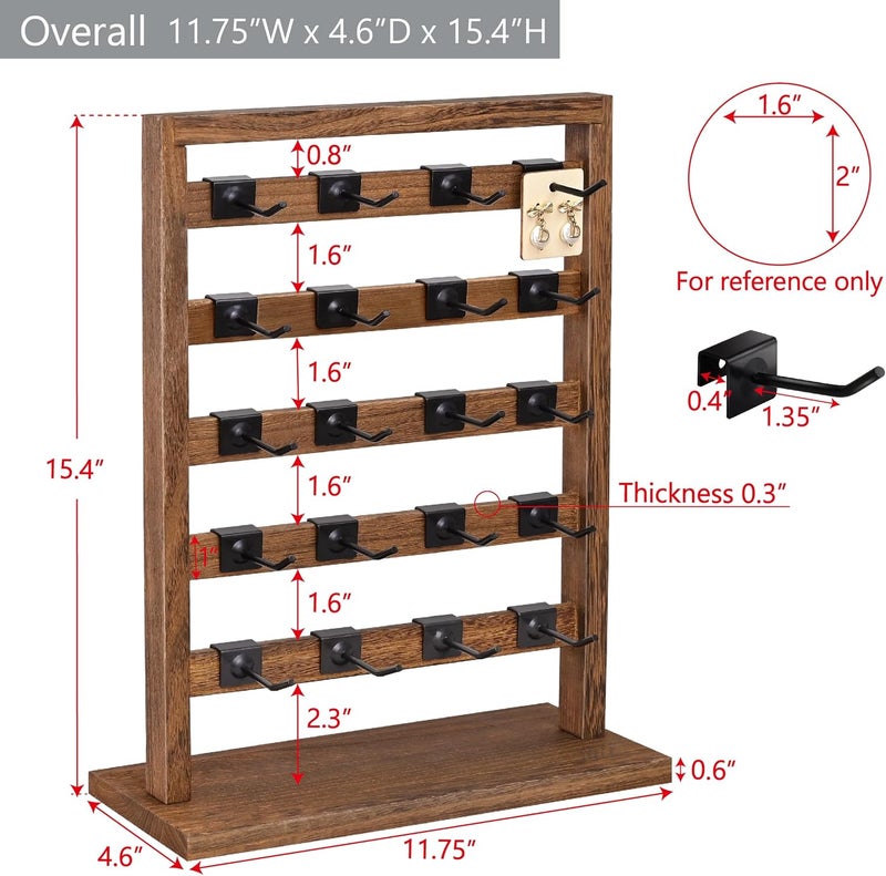 Ikee Design Free Assemble 2 Pcs Set Wooden Jewelry Display Rack with 20 Removable Metal Hooks/Each, Earring Card Display Holder Stand for Necklaces,Bracelet, Keychain Stand, Brown Color - Image 2
