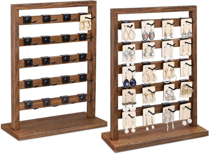 Ikee Design Free Assemble 2 Pcs Set Wooden Jewelry Display Rack with 20 Removable Metal Hooks/Each, Earring Card Display Holder Stand for Necklaces,Bracelet, Keychain Stand, Brown Color - Image 1