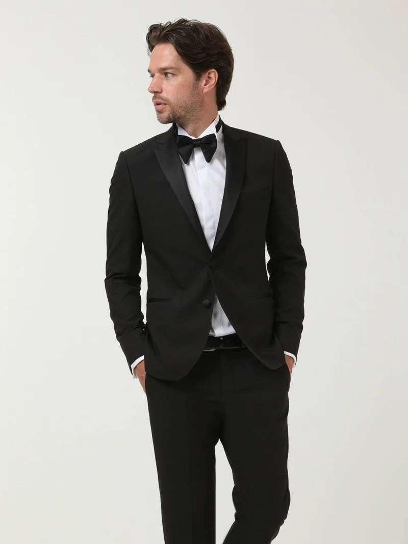 Kip Black Patterned Double Breasted Lapel Woven Tuxedo Suit