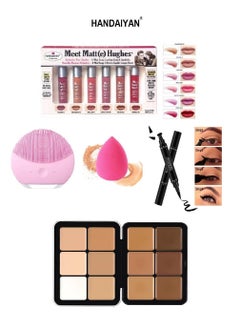 Handaiyan Face Makeup Essentials Set: Sponge + Silicone Applicator + Liquid Eyeliner + Creamy Contour Palette + Lipstick Set  - Image 1
