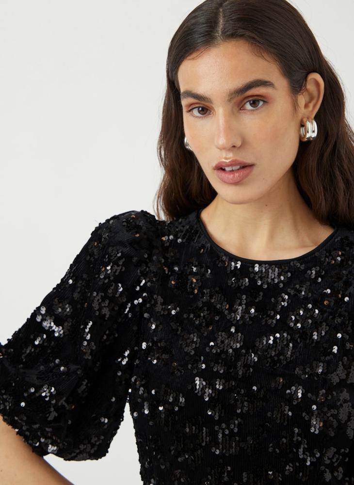 YAS Sequin Detail Short Sleeve Midi Dress - Image 3
