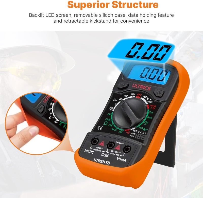 ULTRICS Digital Multimeter, Voltmeter Ammeter Ohmmeter Circuit Checker with Backlight LCD Test Leads, Portable Multi Tester Measures OHM AC DC Voltage Current Resistance Continuity Diodes Transistor - Image 5