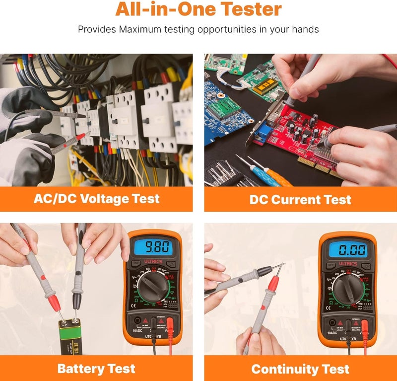 ULTRICS Digital Multimeter, Voltmeter Ammeter Ohmmeter Circuit Checker with Backlight LCD Test Leads, Portable Multi Tester Measures OHM AC DC Voltage Current Resistance Continuity Diodes Transistor - Image 4