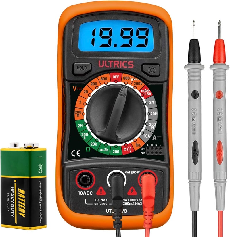 ULTRICS Digital Multimeter, Voltmeter Ammeter Ohmmeter Circuit Checker with Backlight LCD Test Leads, Portable Multi Tester Measures OHM AC DC Voltage Current Resistance Continuity Diodes Transistor - Image 1