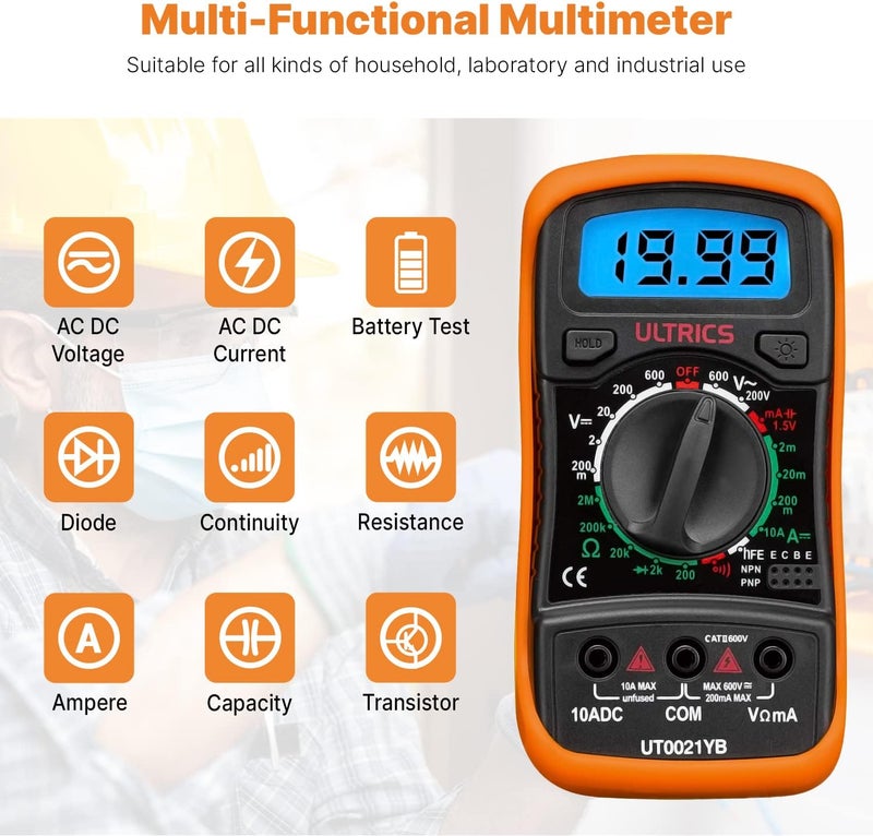 ULTRICS Digital Multimeter, Voltmeter Ammeter Ohmmeter Circuit Checker with Backlight LCD Test Leads, Portable Multi Tester Measures OHM AC DC Voltage Current Resistance Continuity Diodes Transistor - Image 3