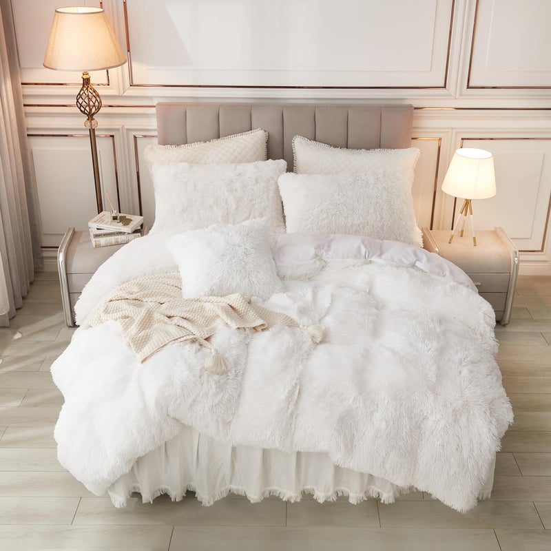 annadaif Plush White Queen Duvet Cover, Fluffy Soft Faux Fur Velvet Comforter Cover, Luxury Fuzzy Shaggy Bedding Sets 3 Pieces(1 Duvet Cover,2 Pillowcases), Zipper Closure - Image 1