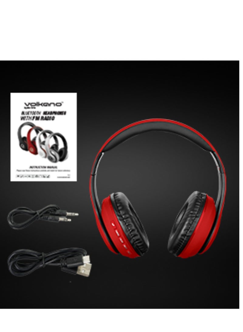 Volkano Impulse Series Bluetooth Wireless Head Phones with FM Radio, Extendable, Hands - Free Calling, AUX Input, SD Card Reader - Red, 1 Year Warranty