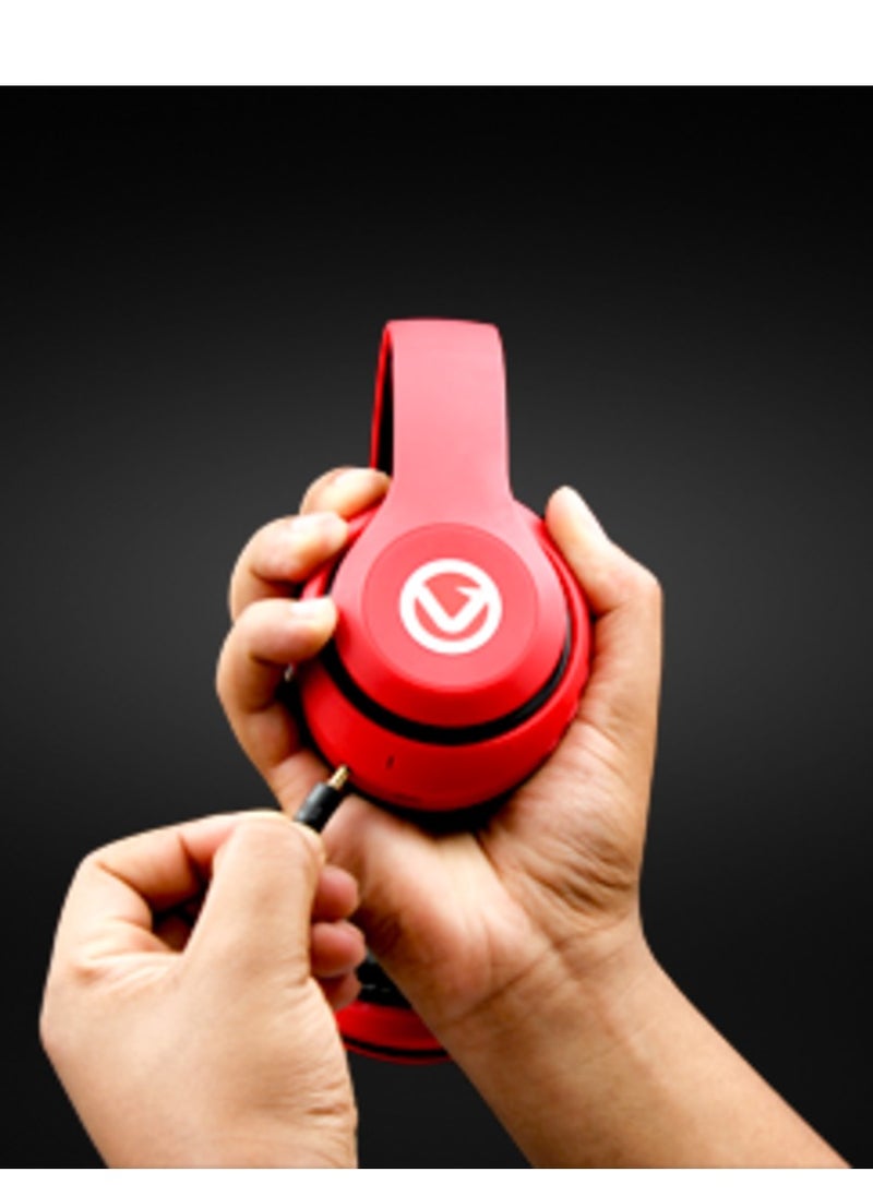 Volkano Impulse Series Bluetooth Wireless Head Phones with FM Radio, Extendable, Hands - Free Calling, AUX Input, SD Card Reader - Red, 1 Year Warranty
