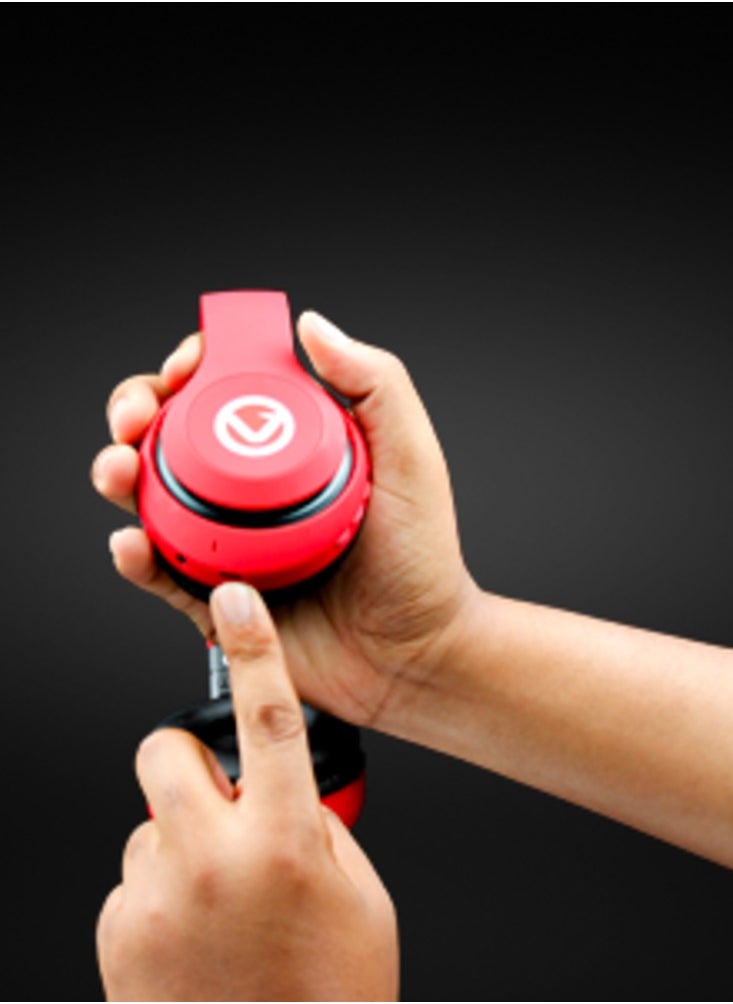 Volkano Impulse Series Bluetooth Wireless Head Phones with FM Radio, Extendable, Hands - Free Calling, AUX Input, SD Card Reader - Red, 1 Year Warranty
