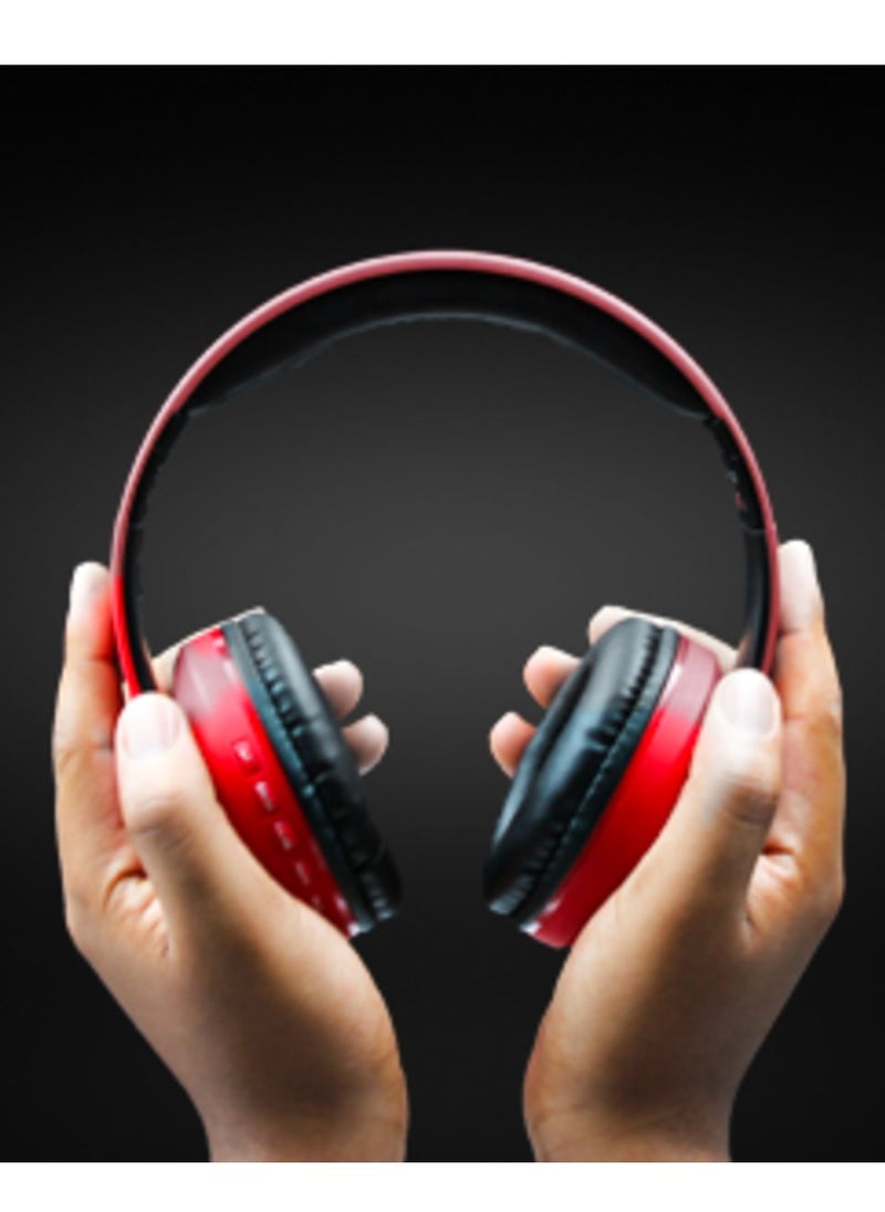 Volkano Impulse Series Bluetooth Wireless Head Phones with FM Radio, Extendable, Hands - Free Calling, AUX Input, SD Card Reader - Red, 1 Year Warranty