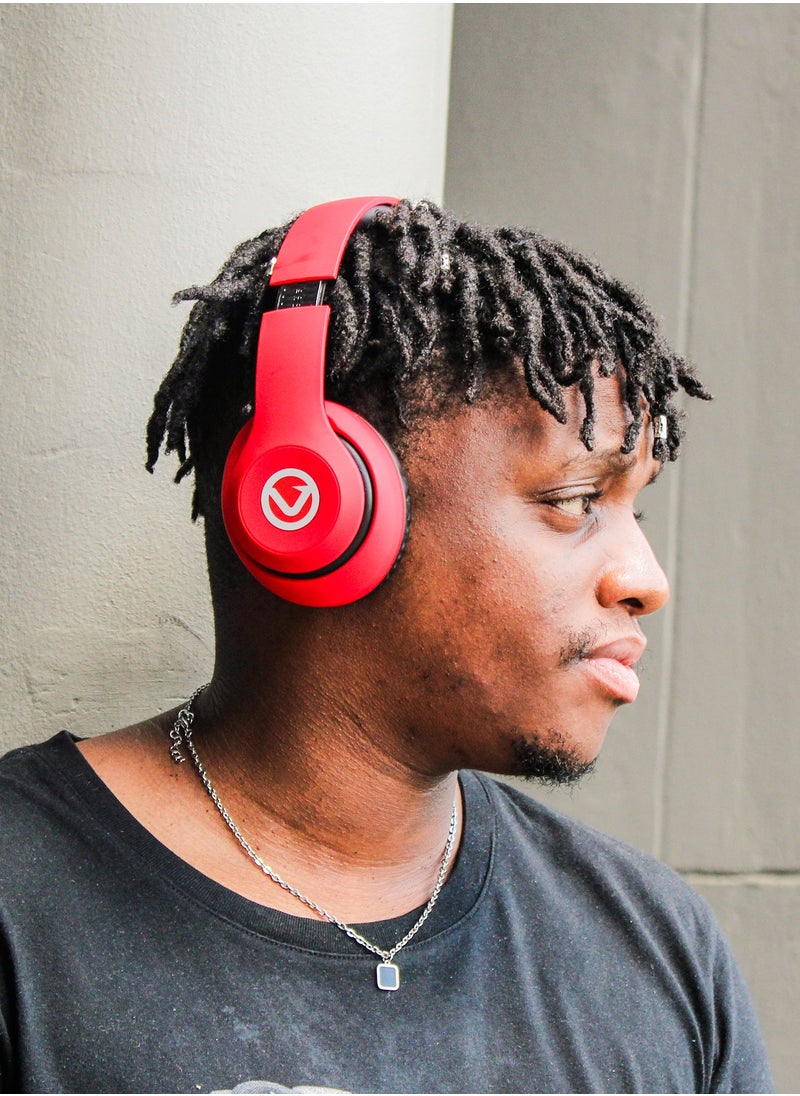 Volkano Impulse Series Bluetooth Wireless Head Phones with FM Radio, Extendable, Hands - Free Calling, AUX Input, SD Card Reader - Red, 1 Year Warranty