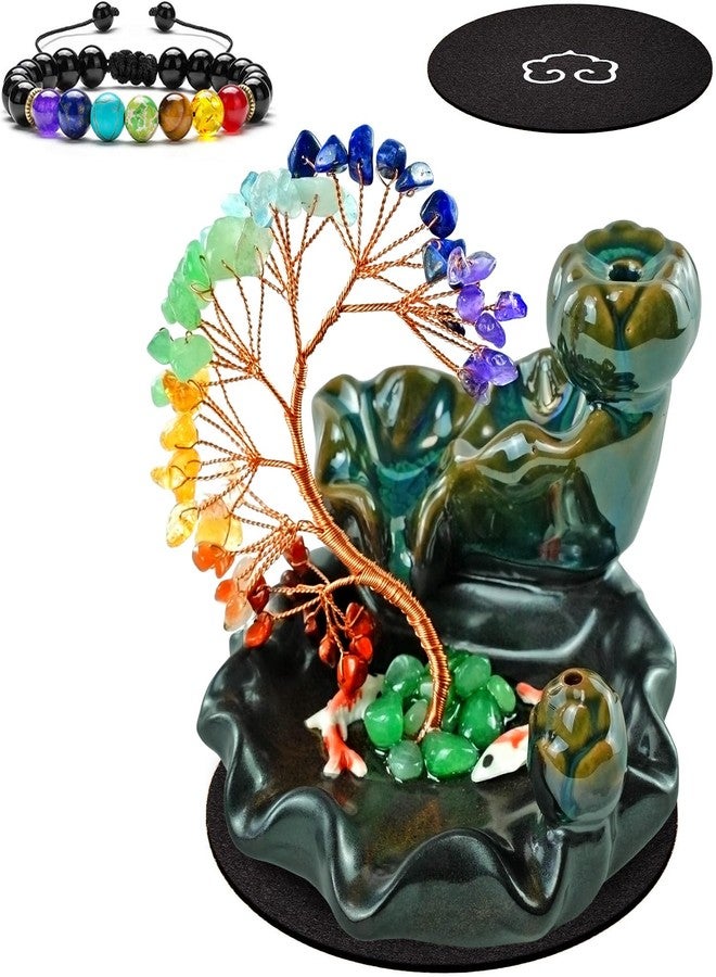 Elifinds Backflow Incense Burner Ceramic Incense Waterfall Backflow Incense Holder 7 Chakras Gemstone Money Tree Crystal Tree Namaste Chakra Bracelet Cushion FengShui (Green) - Image 1