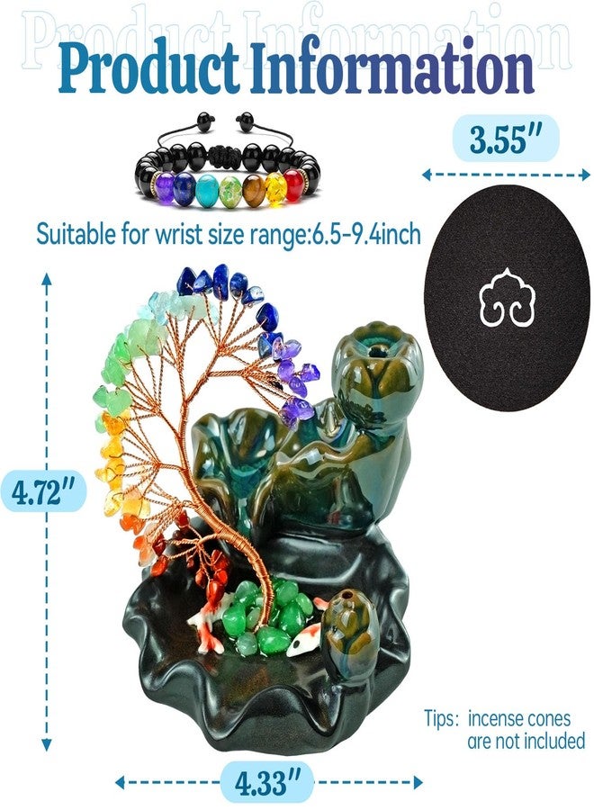 Elifinds Backflow Incense Burner Ceramic Incense Waterfall Backflow Incense Holder 7 Chakras Gemstone Money Tree Crystal Tree Namaste Chakra Bracelet Cushion FengShui (Green) - Image 5