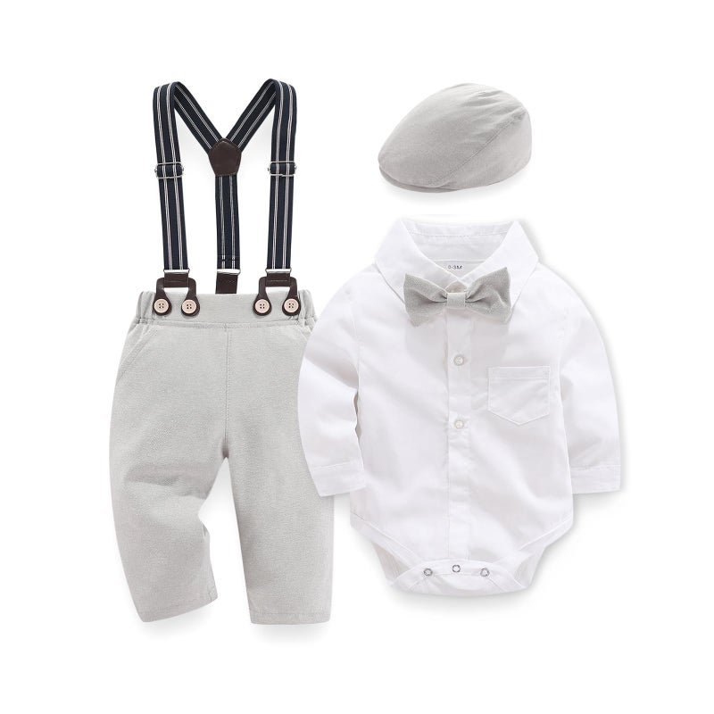 Hresadio Baby Boy Clothes Suit Formal Infant Gentleman Outfits Dress Long Sleeve White Shirt Beret Hat Suspender Pants Bow Tie Wedding Set 1218 Months 