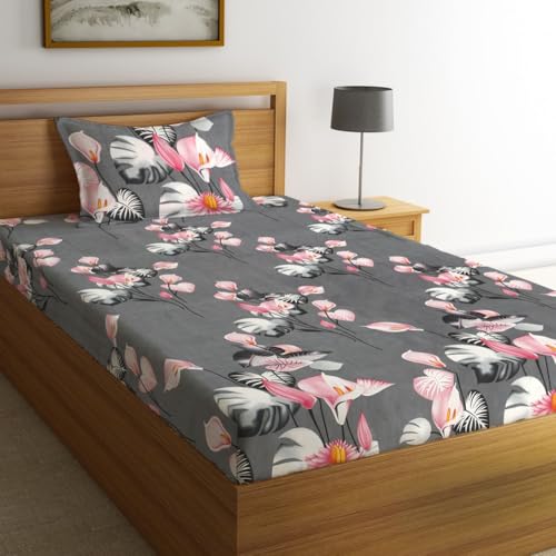 Fashion String 144TC Microfibre Tropical Floral Print Charcoal Grey Single Bedsheet with 1 Pillow Cover - Image 1